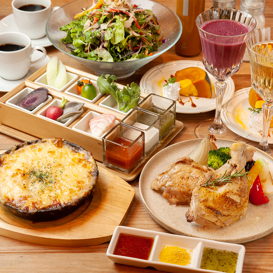 やさいの王様 用賀店 【乾杯ドリンク付!珍しいお野菜体験+マッシュポテトオーブン焼き6時間低温調理の骨付きチキン付コース】